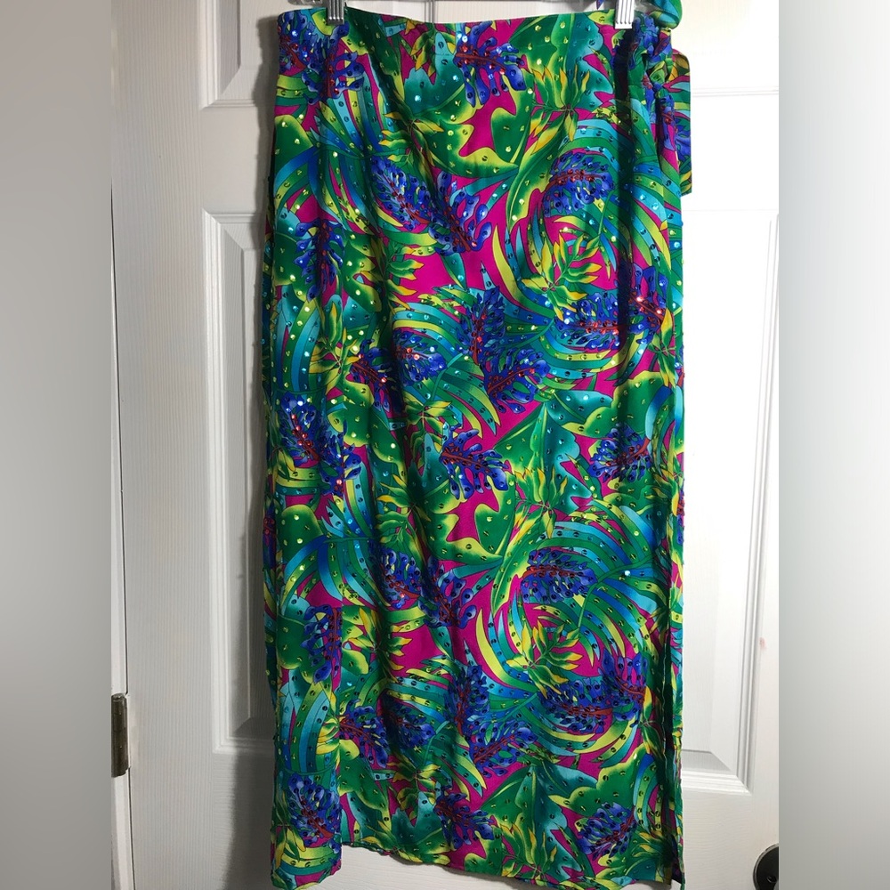 NWOT Diane Gilman 100% Silk Sequins Tropical Print Swim Cover-Up — Skirt L